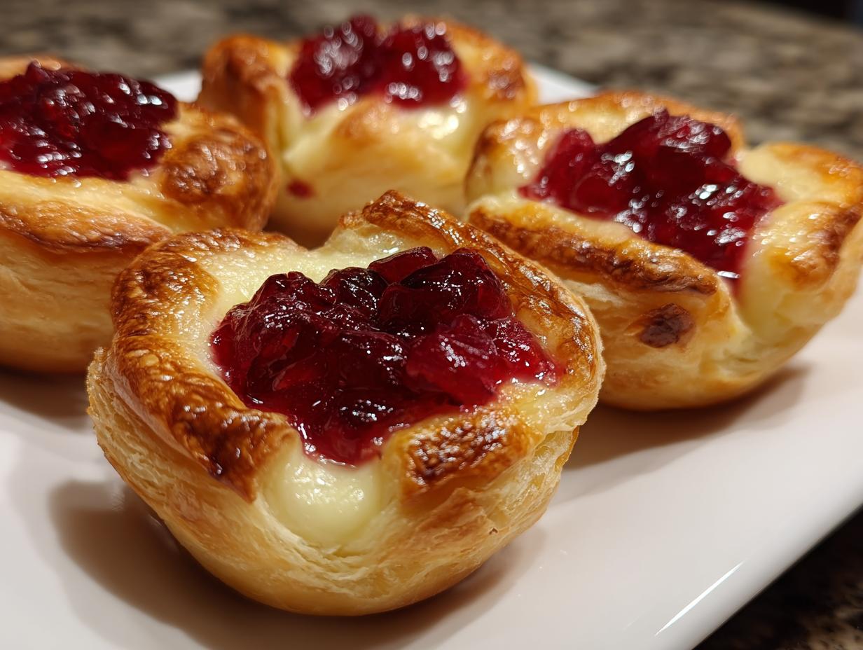 Four golden baked brie bites made with puff pastry, creamy brie, and topped with bright red cranberry jam.