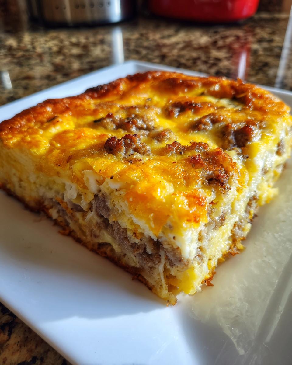 A close-up of a golden-brown slice of christmas breakfast casserole with sausage and eggs on a white plate.