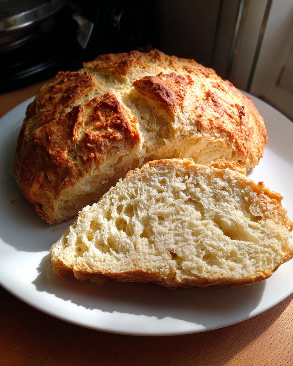 A round loaf of golden brown soda bread, partially sliced to show the soft, airy interior texture.