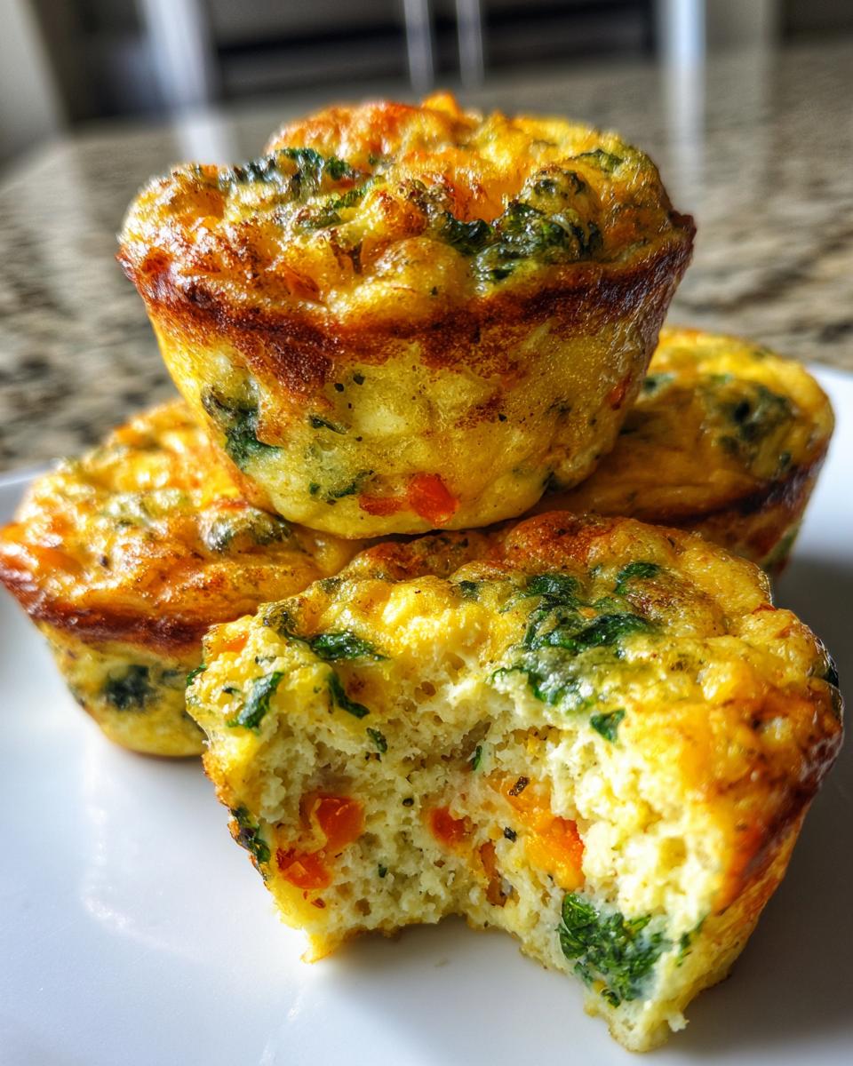Close-up of three golden brown vegetable egg muffin cups, one with a bite taken out showing spinach and orange peppers inside.