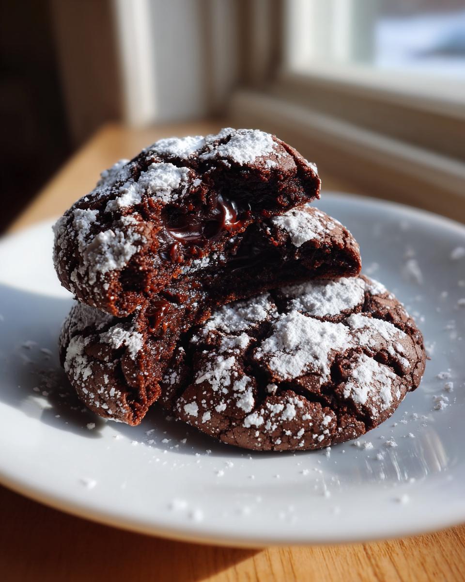 Two rich, dark chocolate crinkle cookies stacked, one broken open revealing a molten center, dusted heavily with powdered sugar.