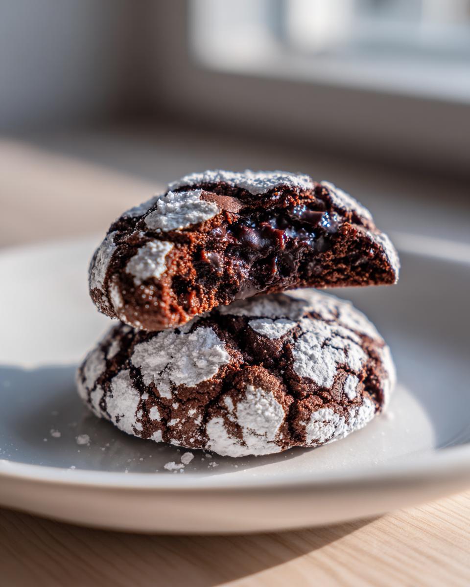 Two rich, dark chocolate crinkle cookies stacked, the top one broken to show a molten chocolate center.
