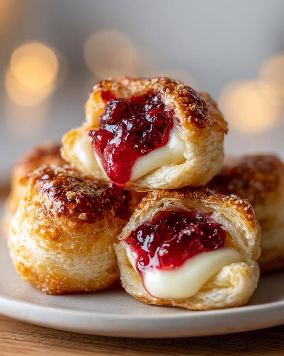 Close-up of gooey cranberry brie bites showing melted brie cheese and red cranberry topping in flaky pastry.