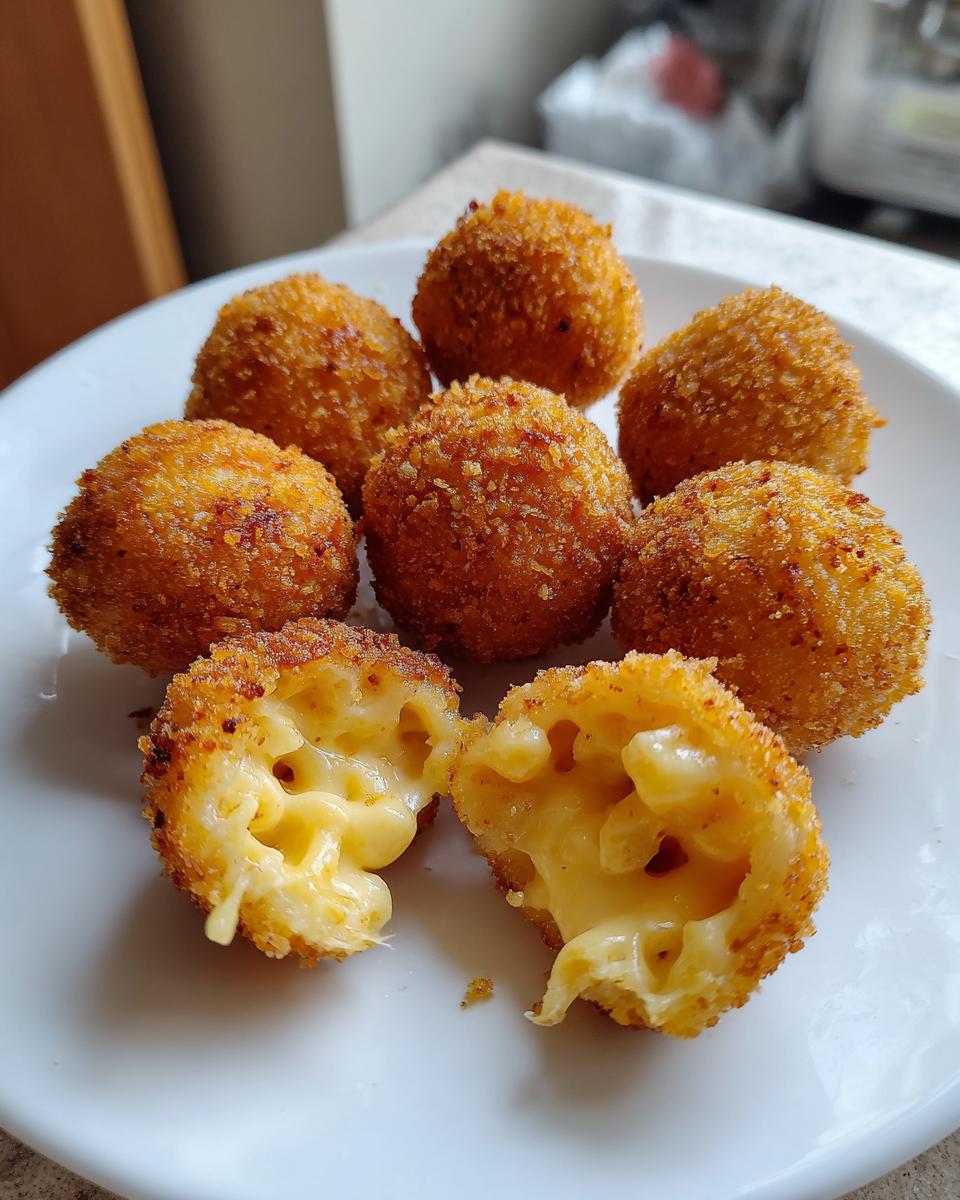 Close-up of golden brown fried mac and cheese balls, one split open showing the melted, gooey cheese center.