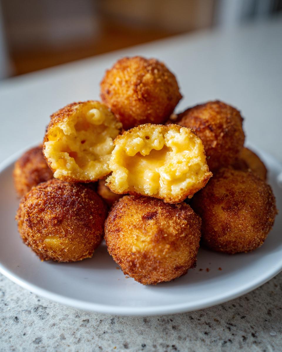 A stack of golden brown fried mac and cheese balls, one cut open revealing a gooey, cheesy center.