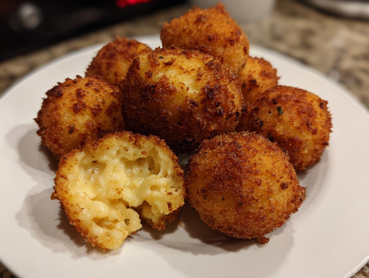 A plate of golden brown fried mac and cheese balls, one is broken open showing the gooey macaroni interior.