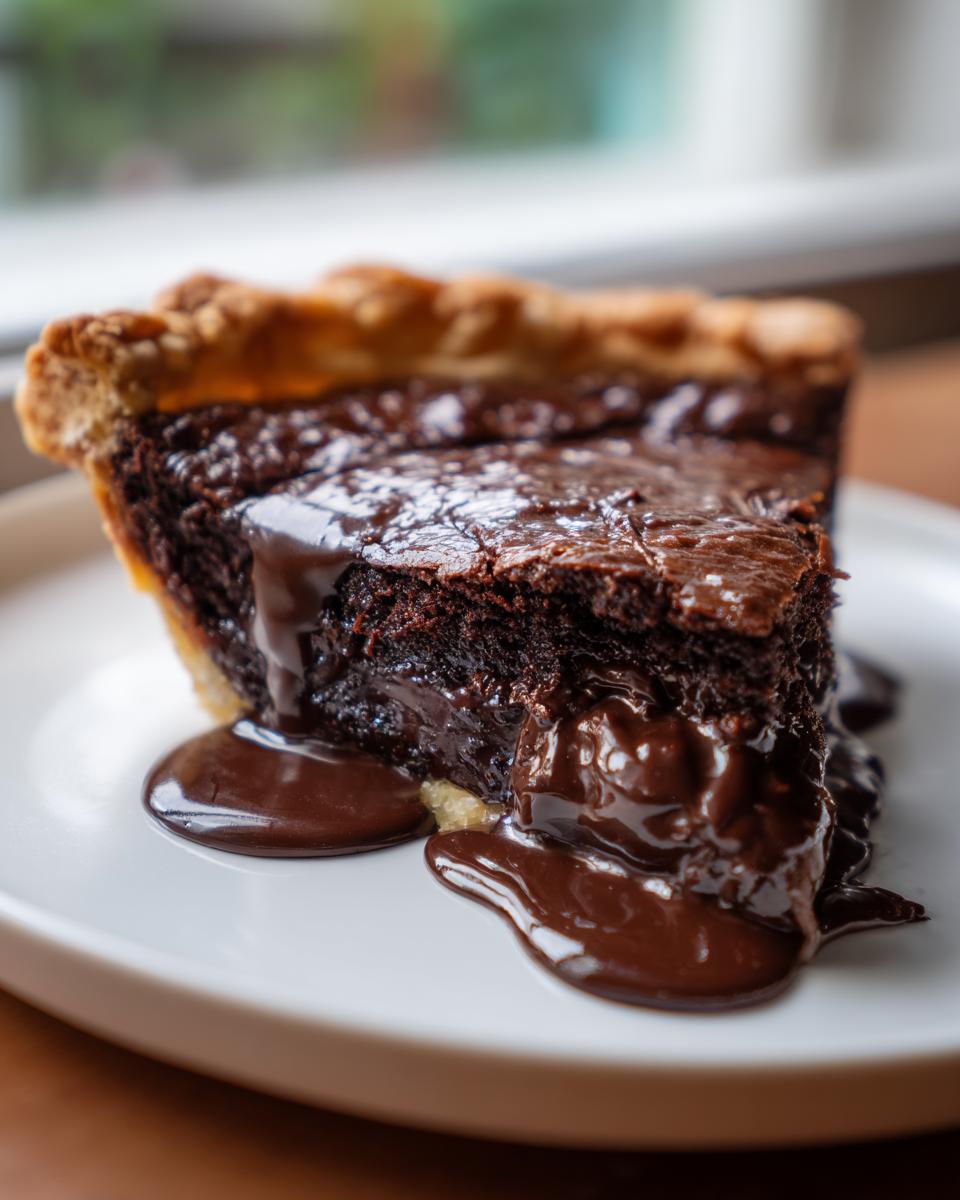 A decadent slice of hot fudge pie with a rich, dark chocolate filling overflowing with warm fudge sauce.