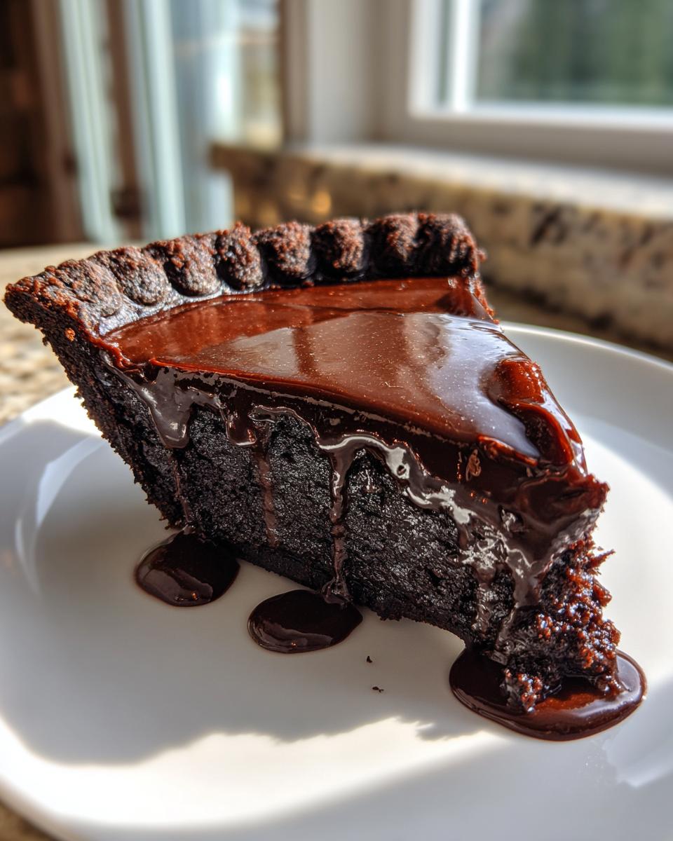 A decadent slice of rich, dark hot fudge pie covered in glossy, dripping chocolate sauce on a white plate.