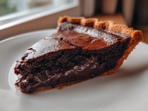 A close-up of a rich, dark slice of hot fudge pie showing a gooey, molten center spilling out.