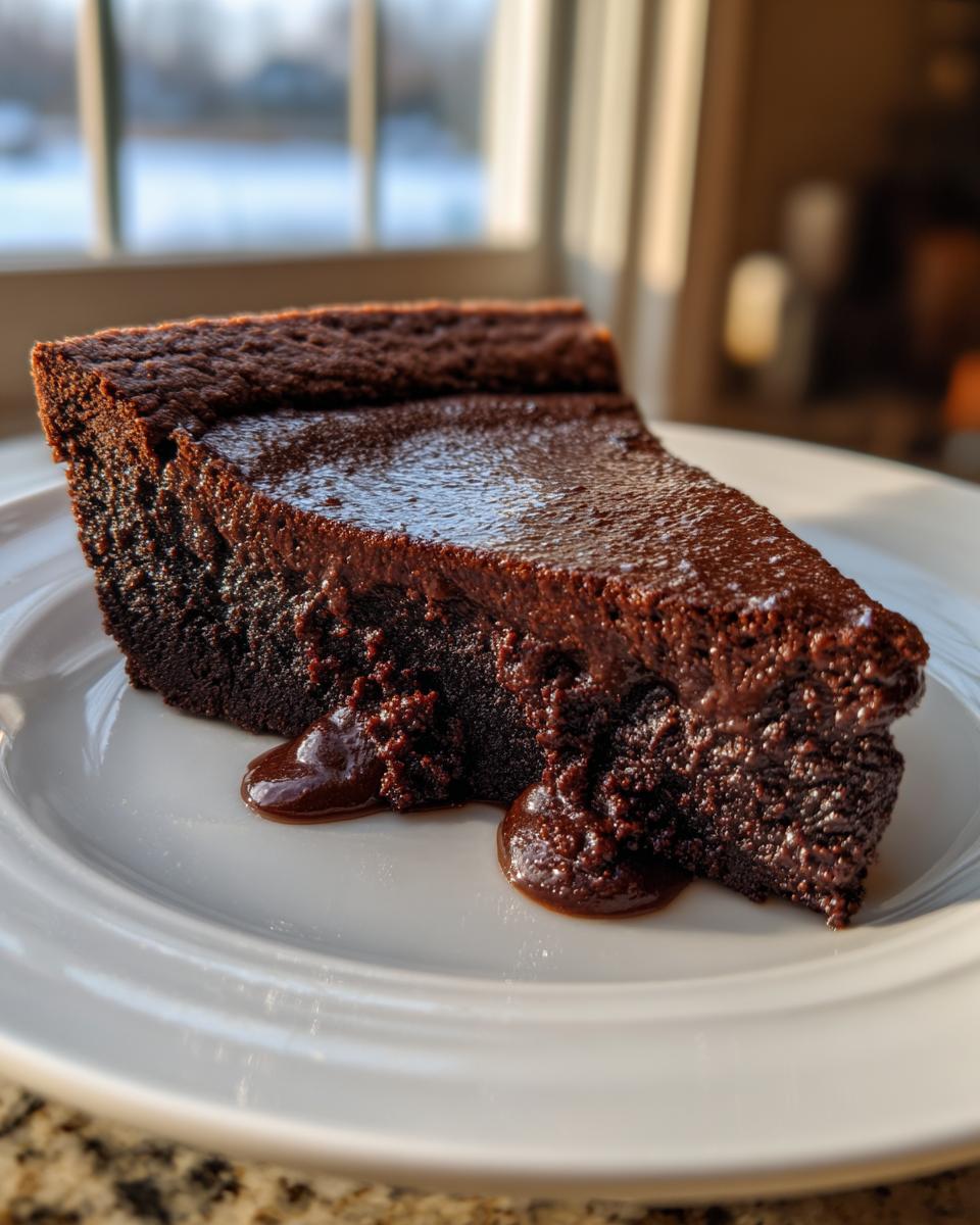 A rich, dark slice of hot fudge pie with a gooey, molten chocolate center dripping onto a white plate.