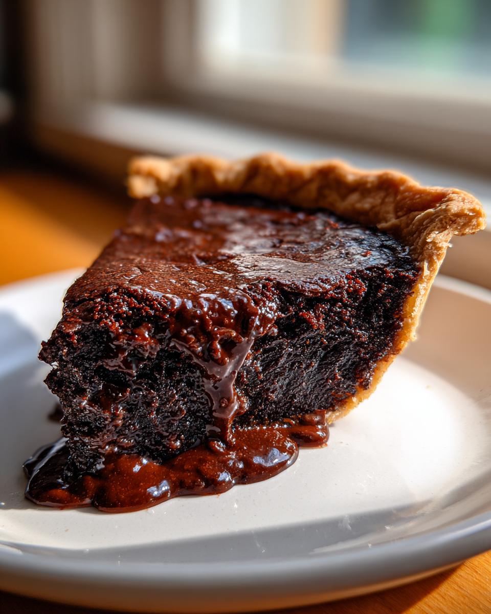 A rich, dark slice of hot fudge pie with a gooey chocolate topping dripping onto a white plate.
