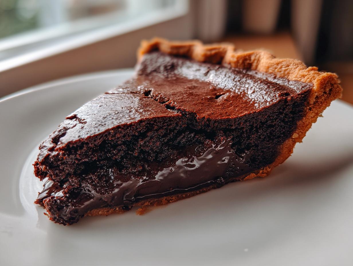 A close-up of a rich, dark slice of hot fudge pie showing a gooey, molten center spilling out.