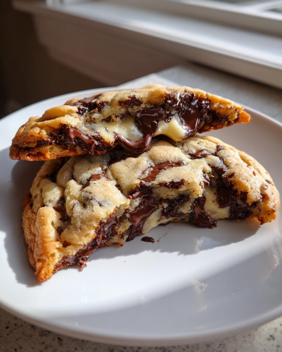 Two halves of a thick levain bakery chocolate chip cookies showing melted dark and white chocolate filling.