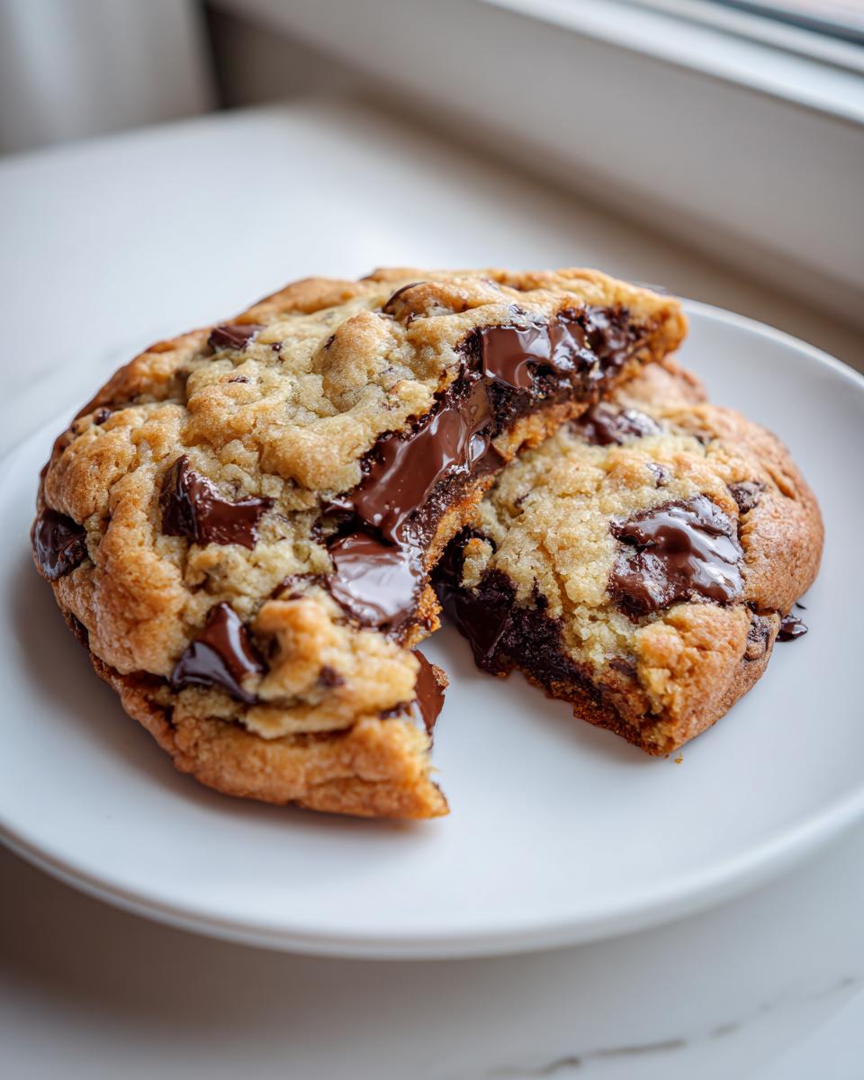A thick levain bakery chocolate chip cookie broken in half showing a molten, gooey chocolate center.
