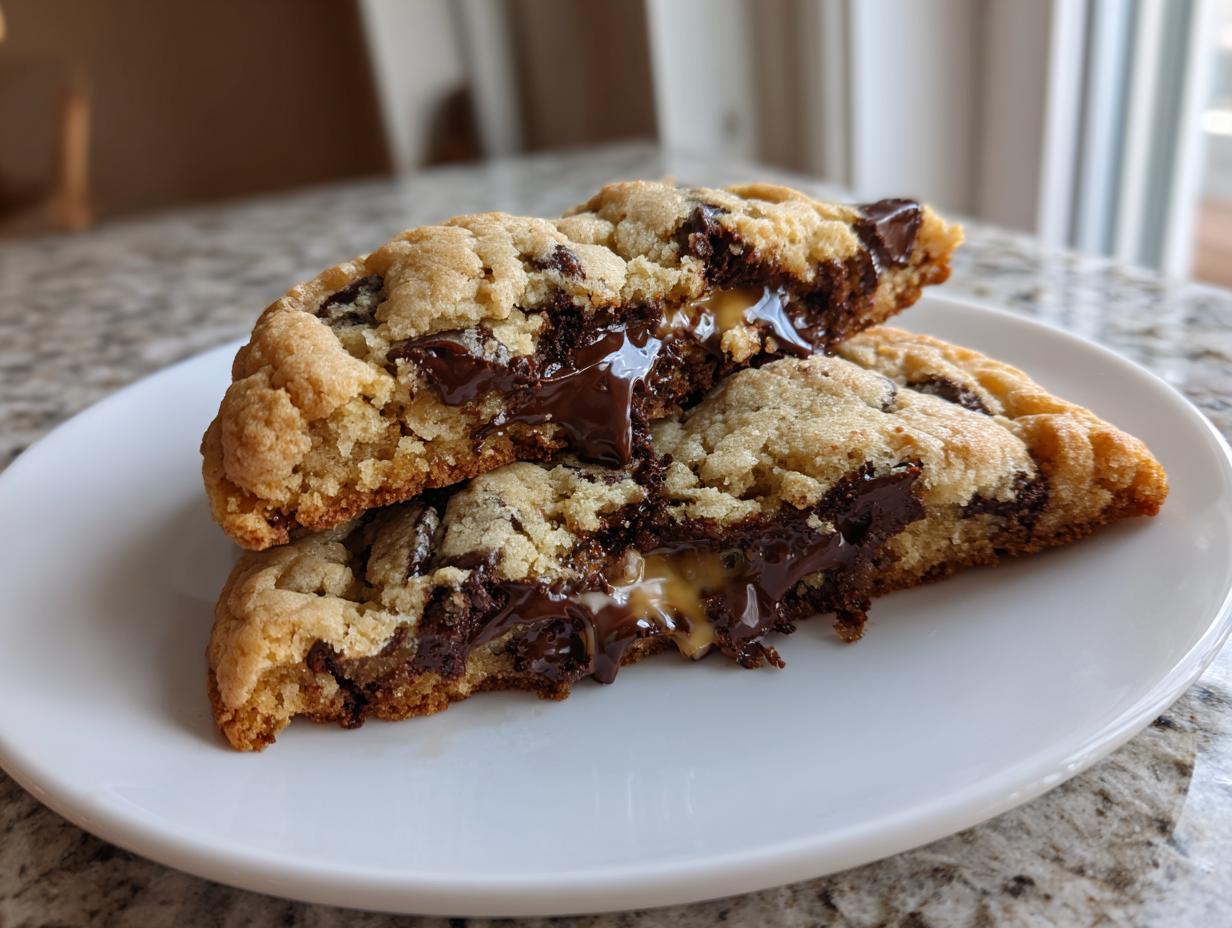 Two halves of a thick levain bakery chocolate chip cookies showing melted chocolate and gooey center.