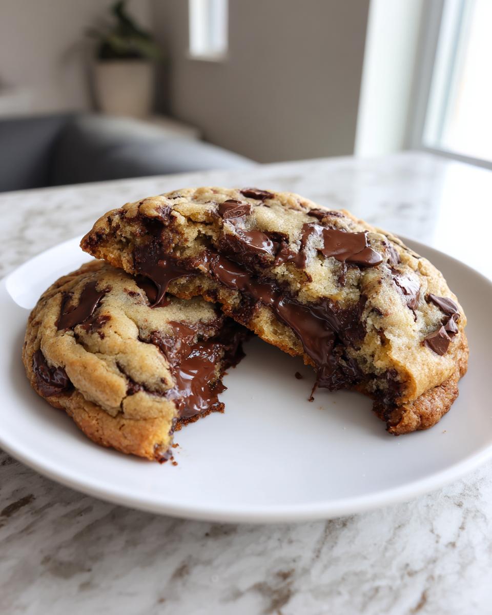A thick, gooey levain bakery chocolate chip cookie broken in half showing melted chocolate.