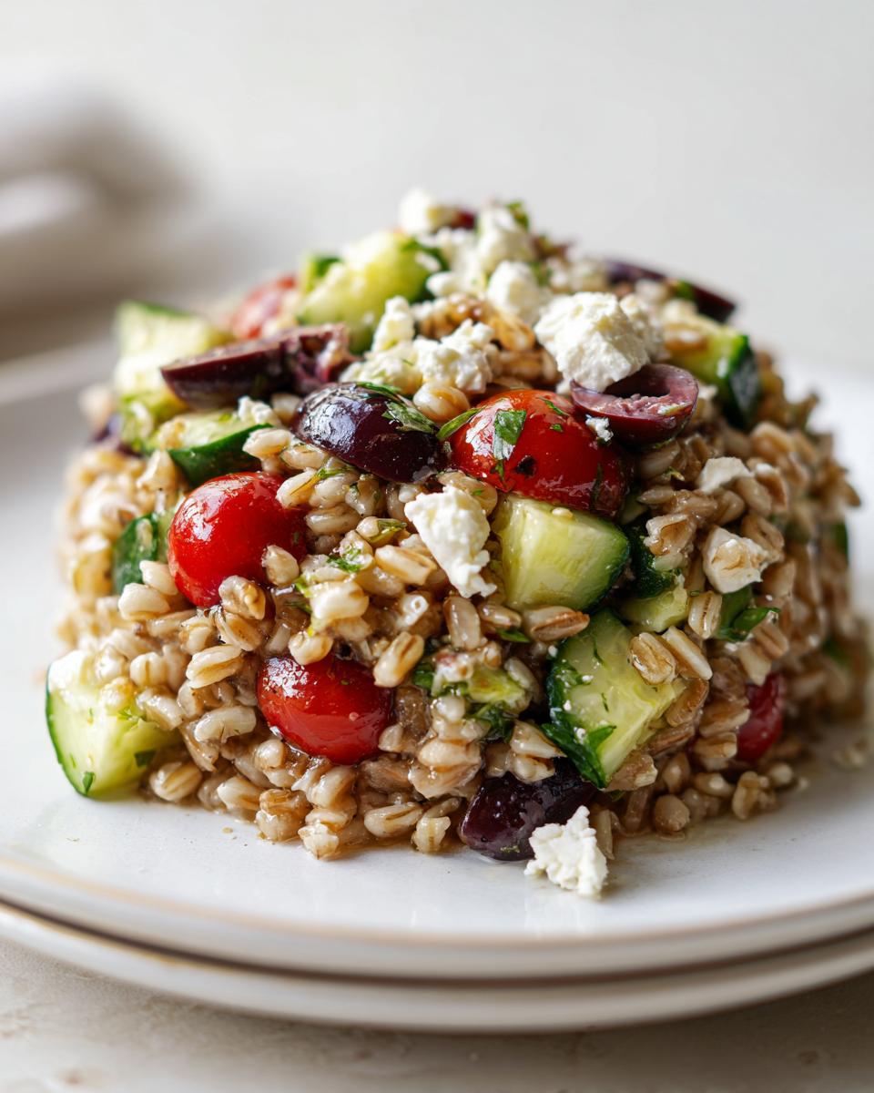 A mound of vibrant farro salad mixed with cherry tomatoes, cucumbers, olives, and topped with crumbled feta cheese.