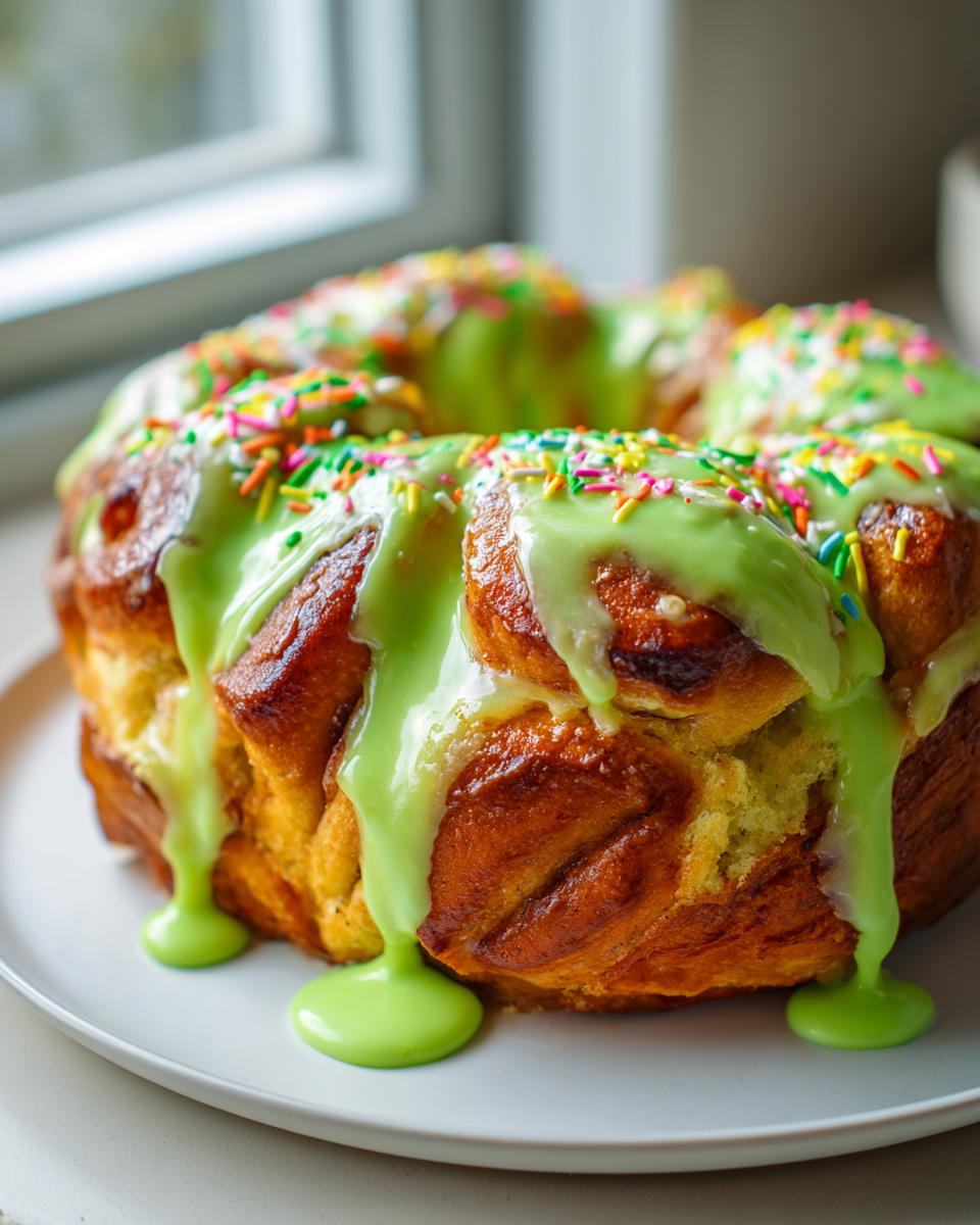 A ring of baked christmas tree cinnamon rolls topped with bright green icing and colorful sprinkles.