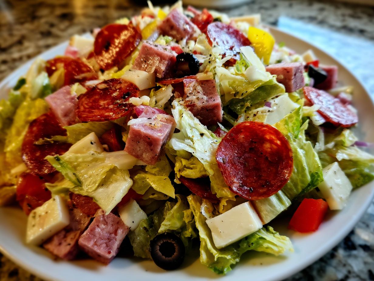 A close-up of a vibrant grinder salad featuring lettuce, cubed ham, pepperoni slices, mozzarella cubes, and olives.