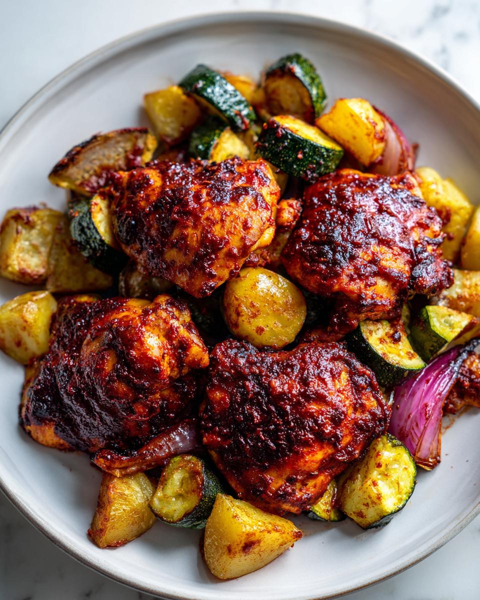 Close-up of four pieces of richly glazed harissa chicken served with roasted potatoes, zucchini, and red onion.