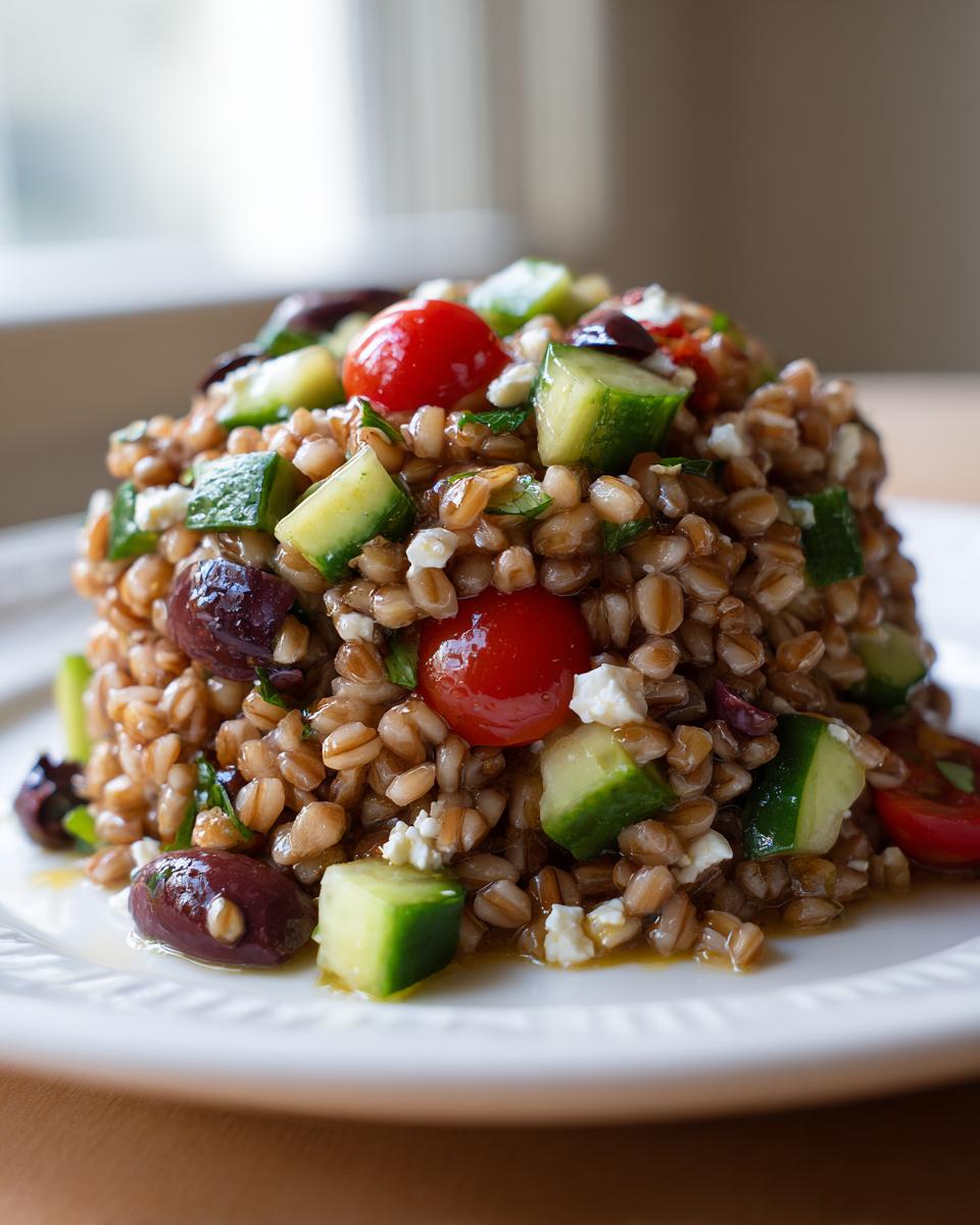 A beautifully plated mound of farro salad mixed with chopped cucumber, cherry tomatoes, Kalamata olives, and feta cheese.