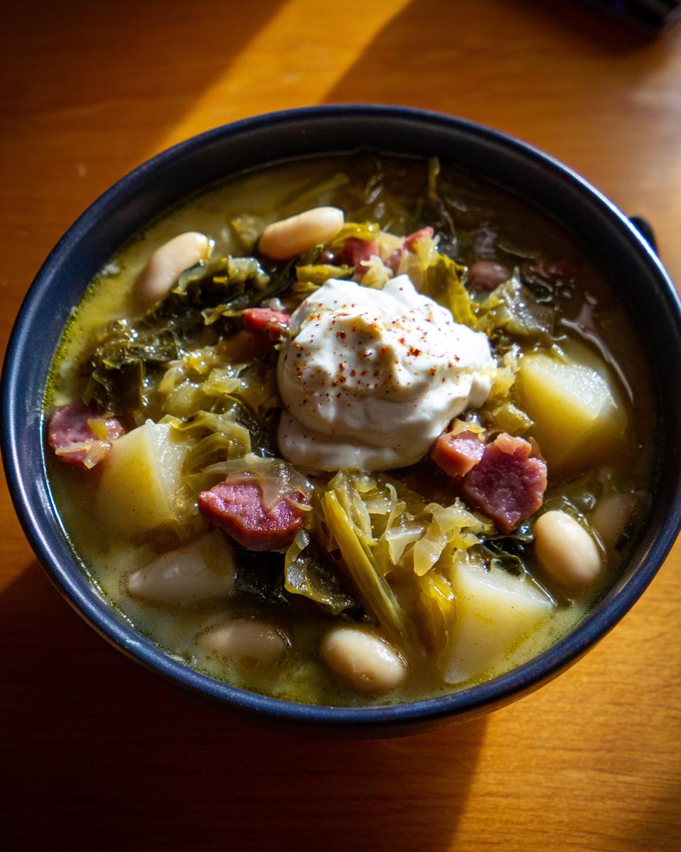 A close-up of a bowl of rich sauerkraut soup topped with sour cream, sausage, potatoes, and white beans.