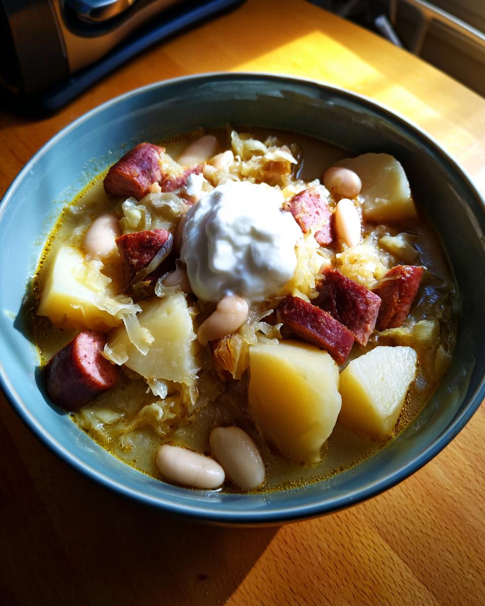 A close-up of a hearty bowl of sauerkraut soup, featuring chunks of potato, sausage, white beans, and a dollop of sour cream.