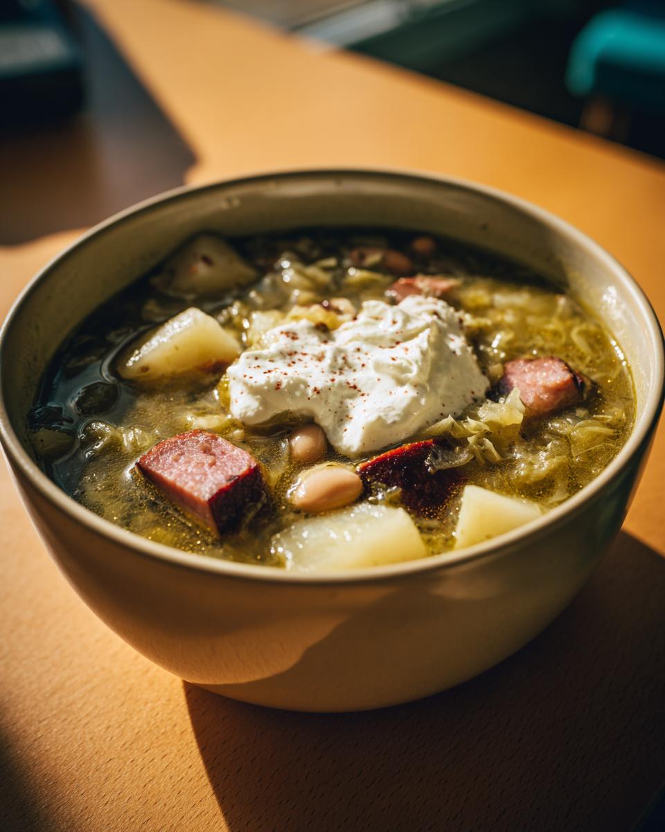 Close-up of a bowl of rich sauerkraut soup featuring chunks of sausage, potatoes, beans, and a dollop of sour cream.