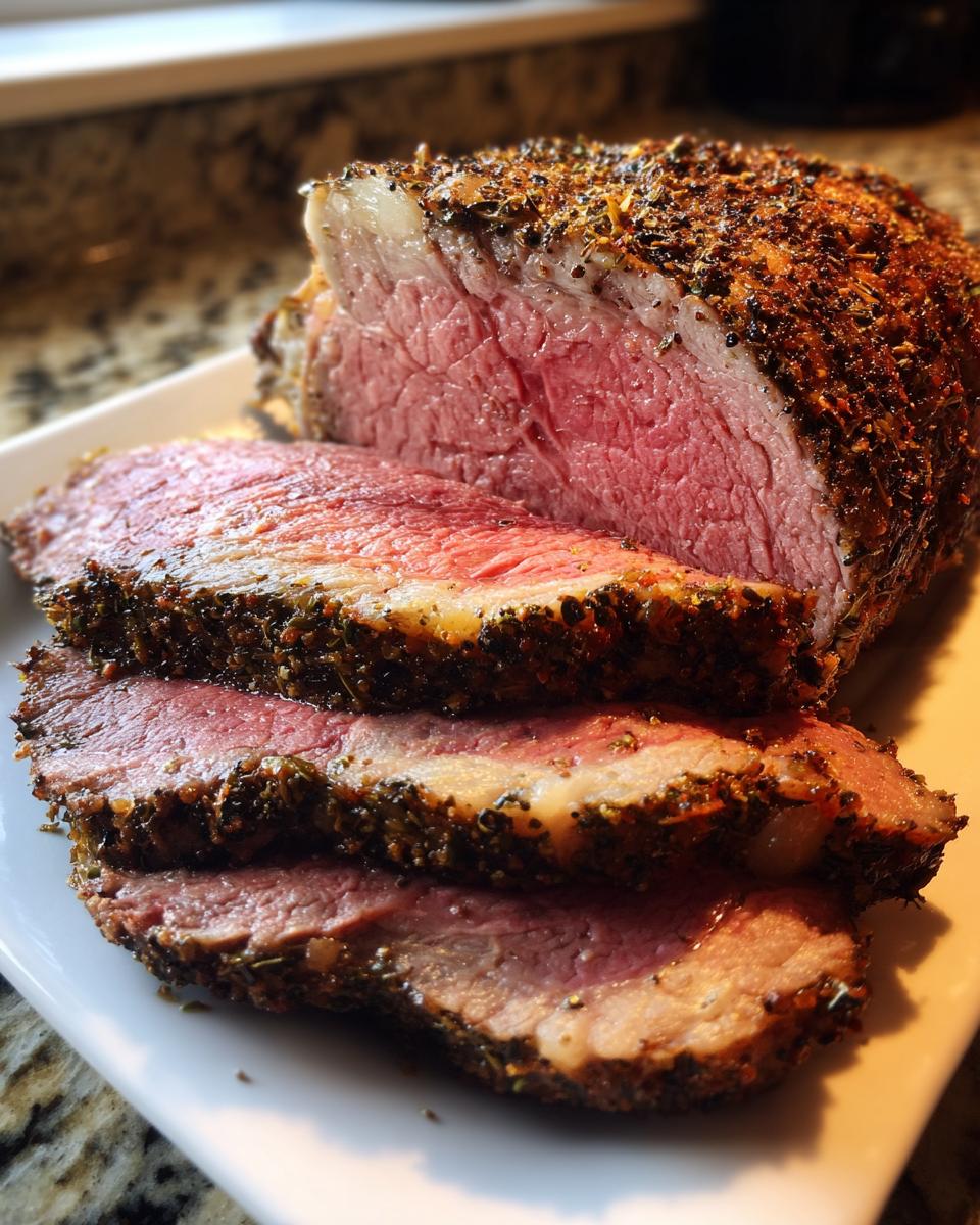 Close-up of a beautifully cooked prime rib, showing a thick herb crust and medium-rare pink center, with three slices cut.