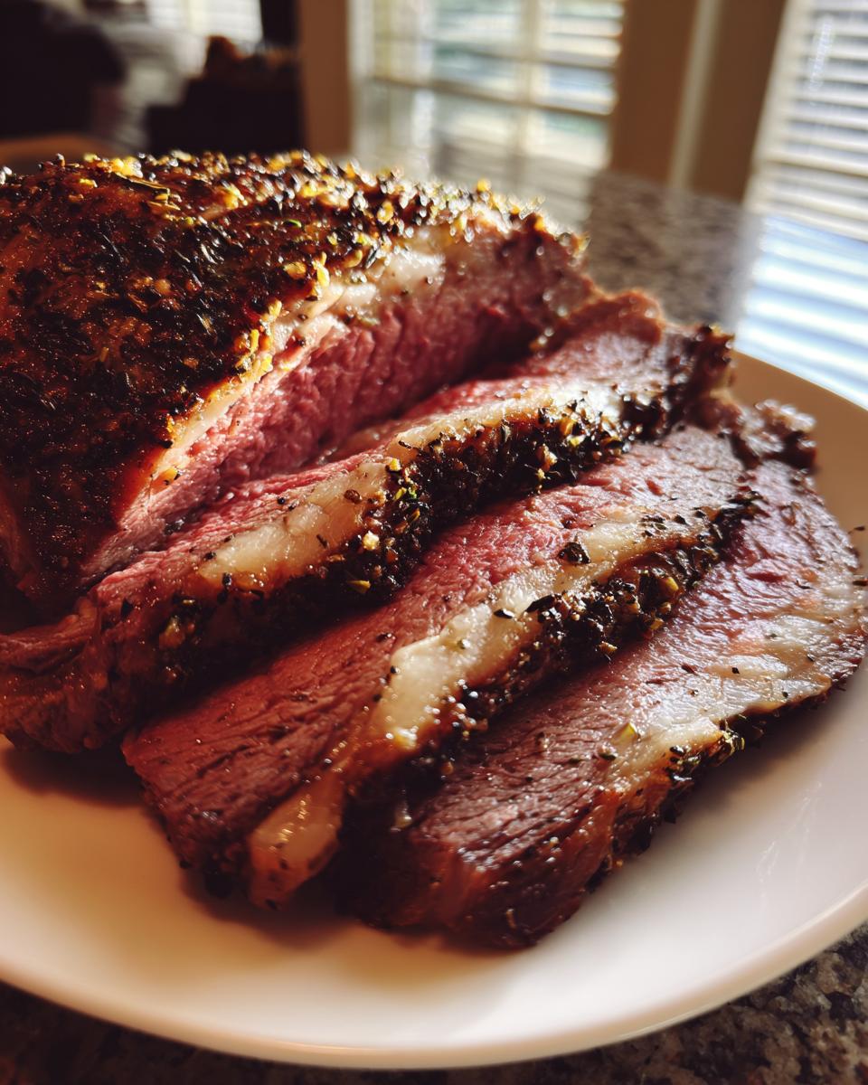 Close-up of perfectly cooked, medium-rare prime rib roast sliced on a white plate, showing a dark herb crust.