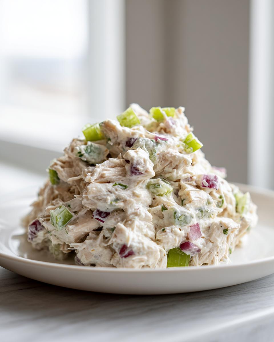 A mound of creamy cottage cheese chicken salad mixed with celery and red onion served on a white plate.