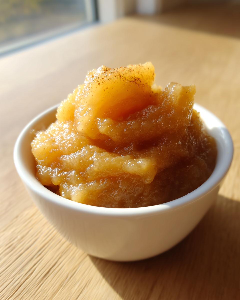 Close-up of chunky homemade applesauce topped with cinnamon in a small white bowl on a wooden surface.