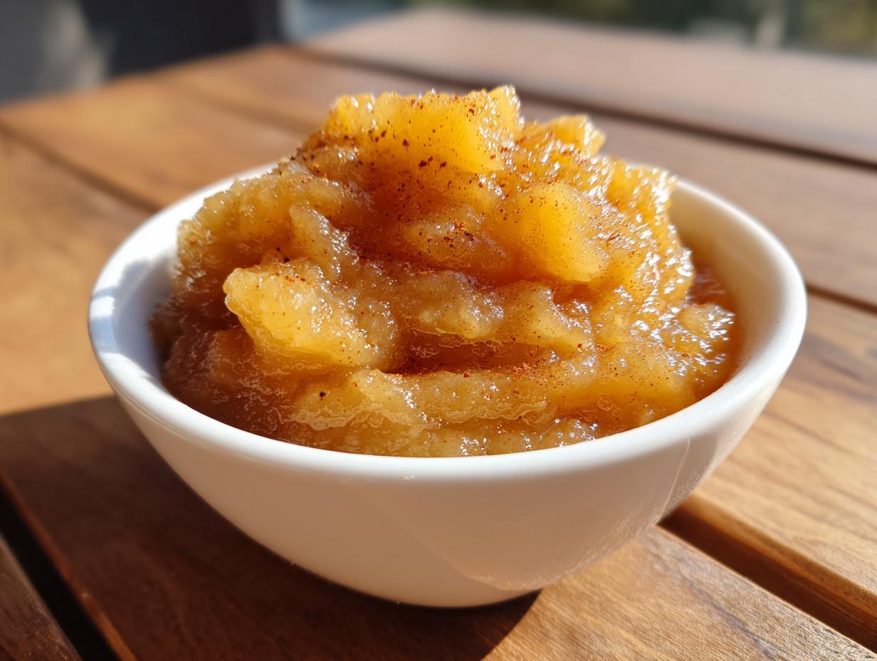 Close-up of chunky homemade applesauce sprinkled with cinnamon, served in a small white bowl outdoors.
