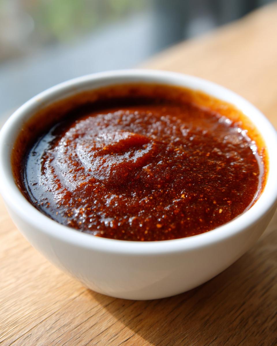 Close-up of thick, dark red homemade bbq sauce served in a small white bowl on a wooden surface.