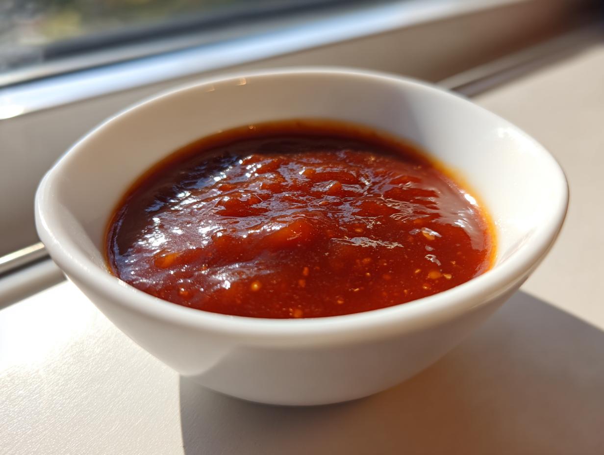 Close-up of rich, glossy homemade bbq sauce served in a small white dipping bowl.