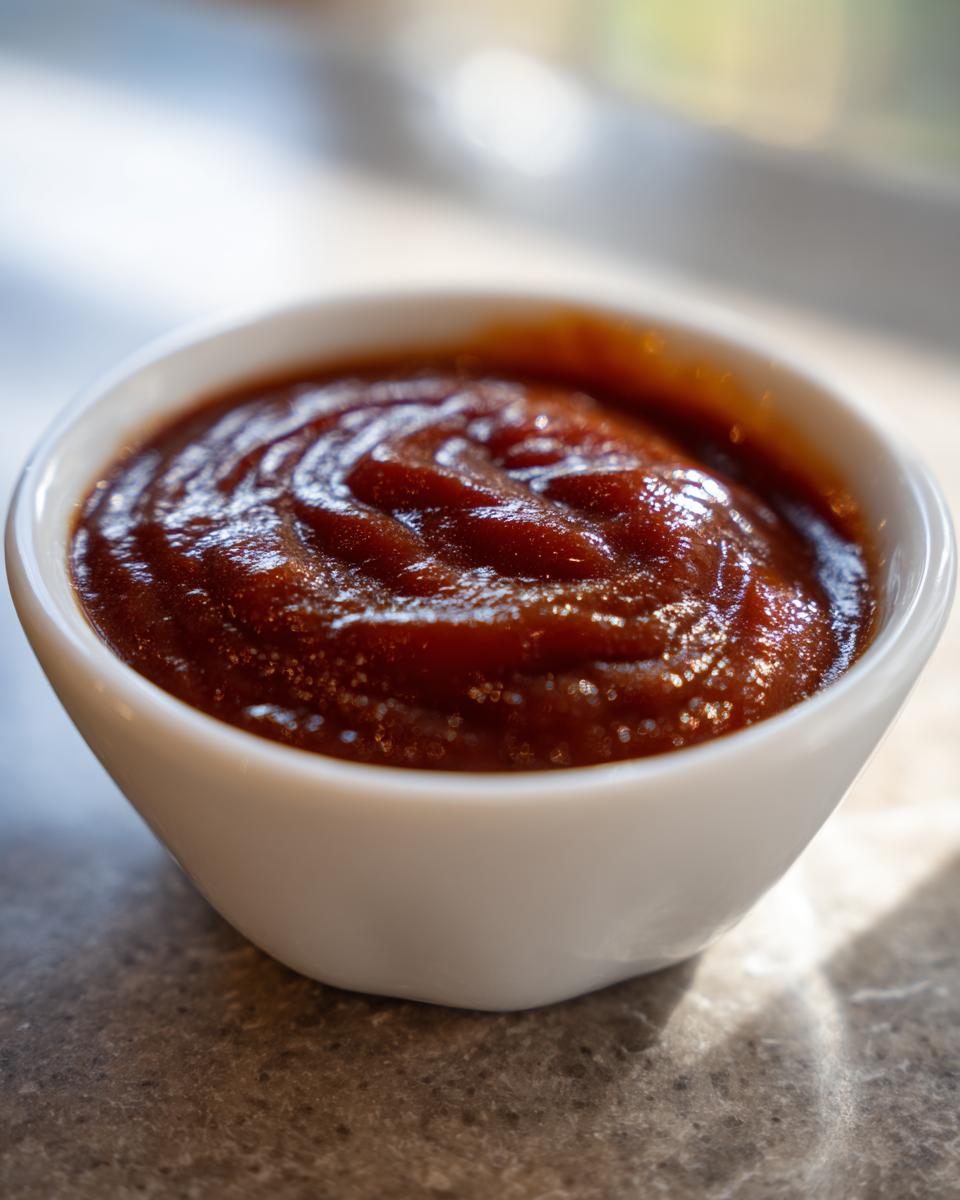 Close-up of a small white bowl filled with thick, dark red homemade bbq sauce, showing swirls on the surface.