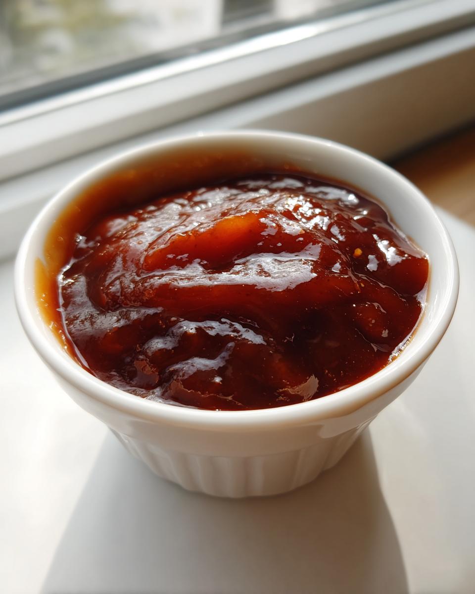 Close-up of thick, glossy homemade bbq sauce served in a small white ramekin dish.