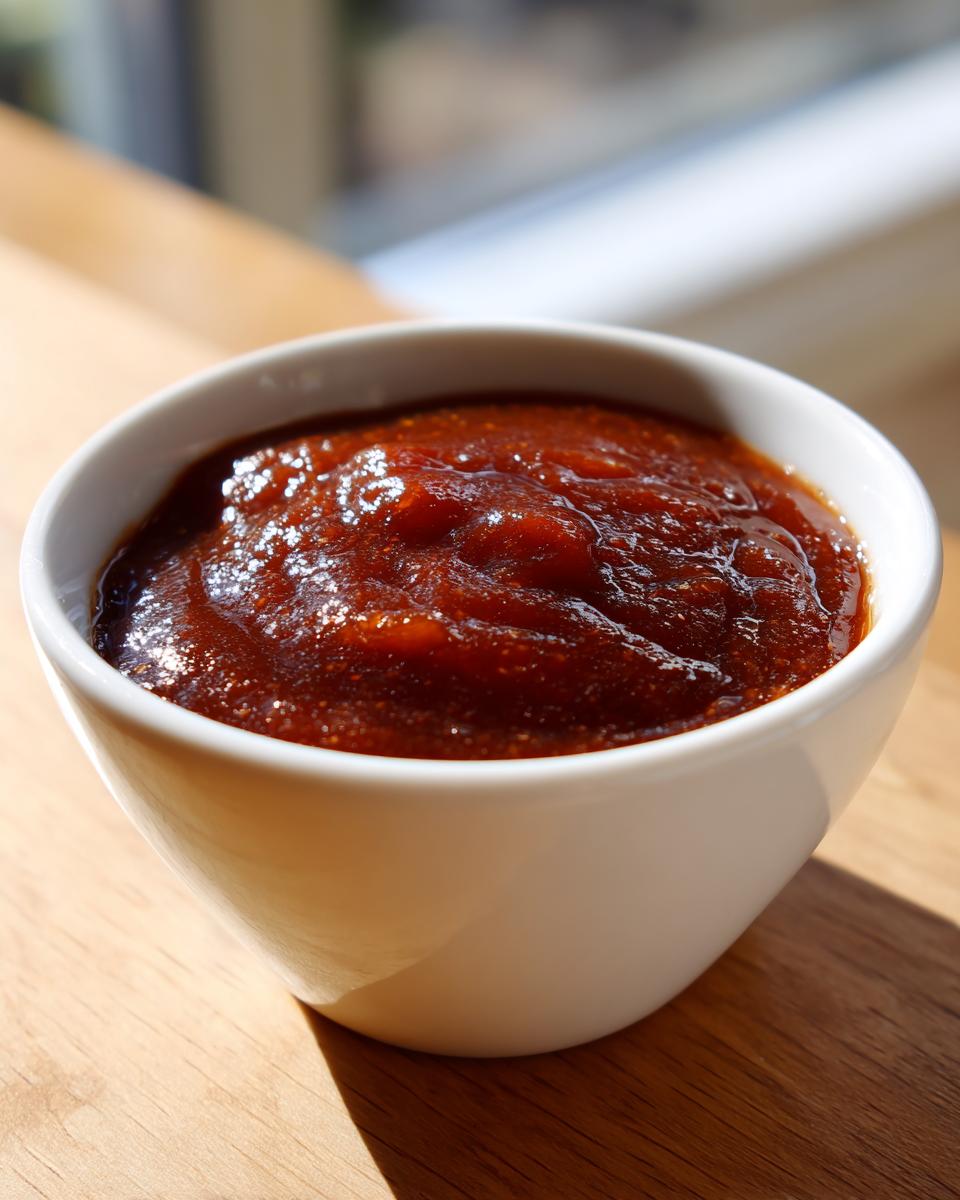 A close-up of thick, rich homemade bbq sauce served in a small white bowl on a wooden surface.