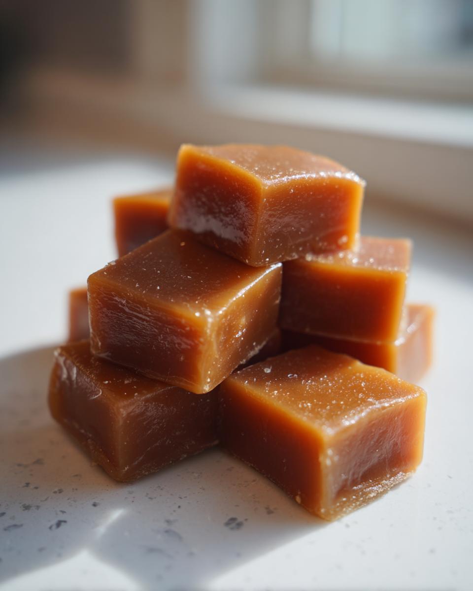 A stack of rich, chewy, square homemade caramel candies glistening in natural light.