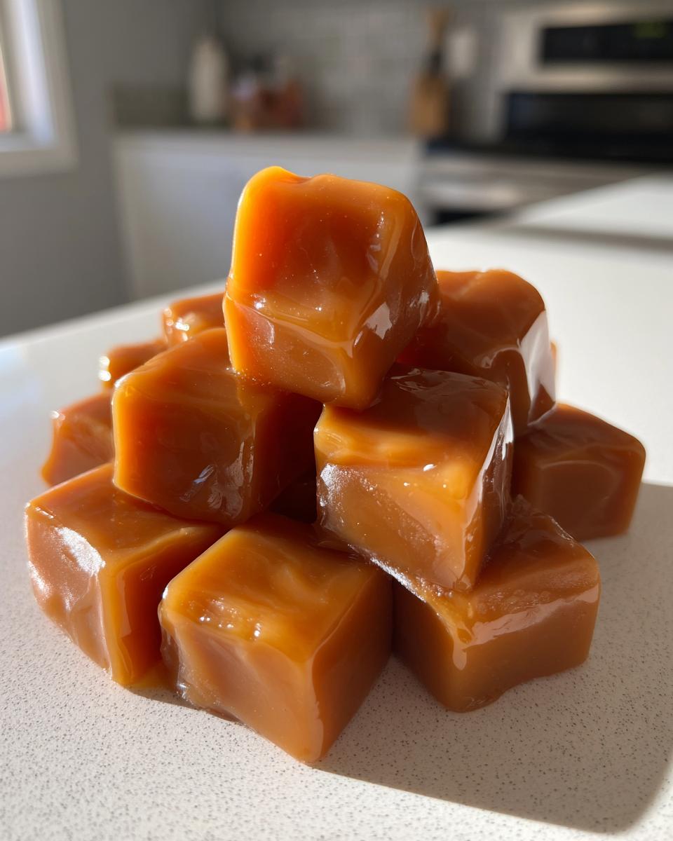 A close-up stack of shiny, soft, homemade caramel squares, highlighting the rich color of the caramel.