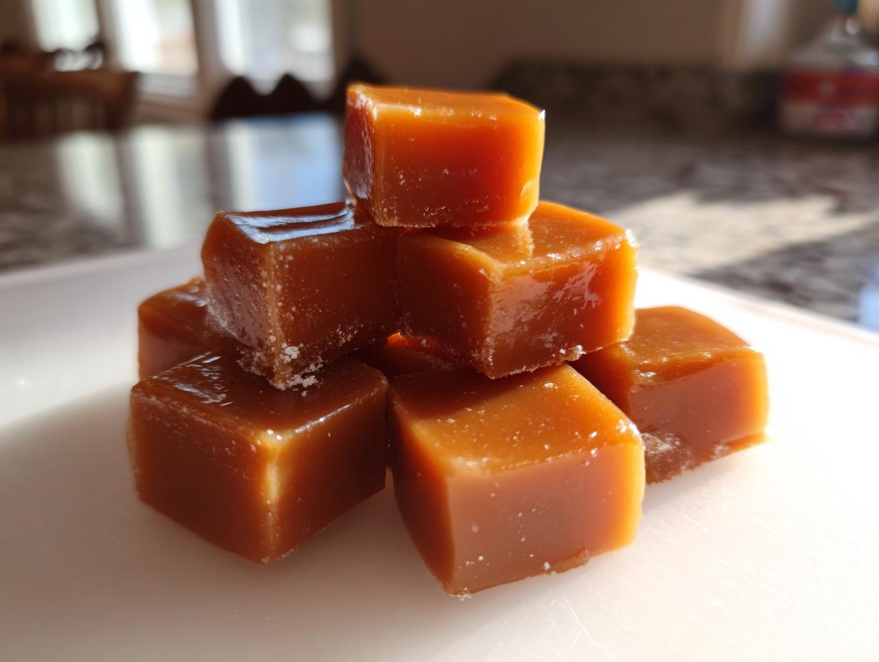 A stack of shiny, golden-brown homemade caramel squares dusted lightly with sugar.