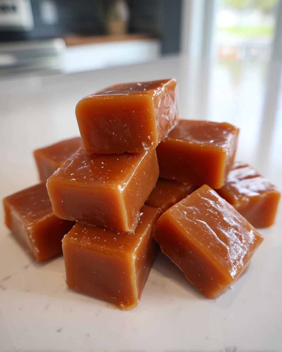 A stack of glossy, square homemade caramel candies sprinkled with visible sea salt crystals.