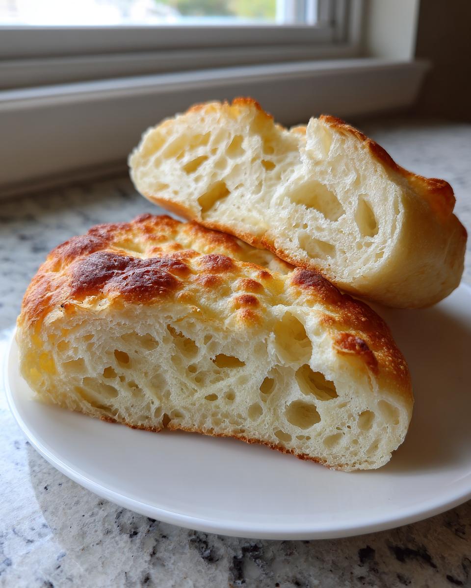 Close-up of a homemade english muffin split in half, revealing the signature airy, craggy interior texture.