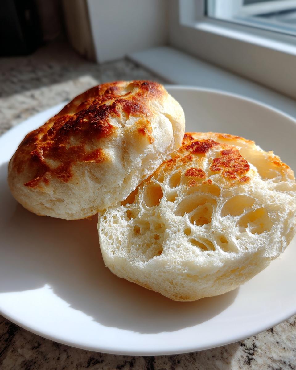 Close-up of a homemade English muffin, split open to show the signature nooks and crannies texture.