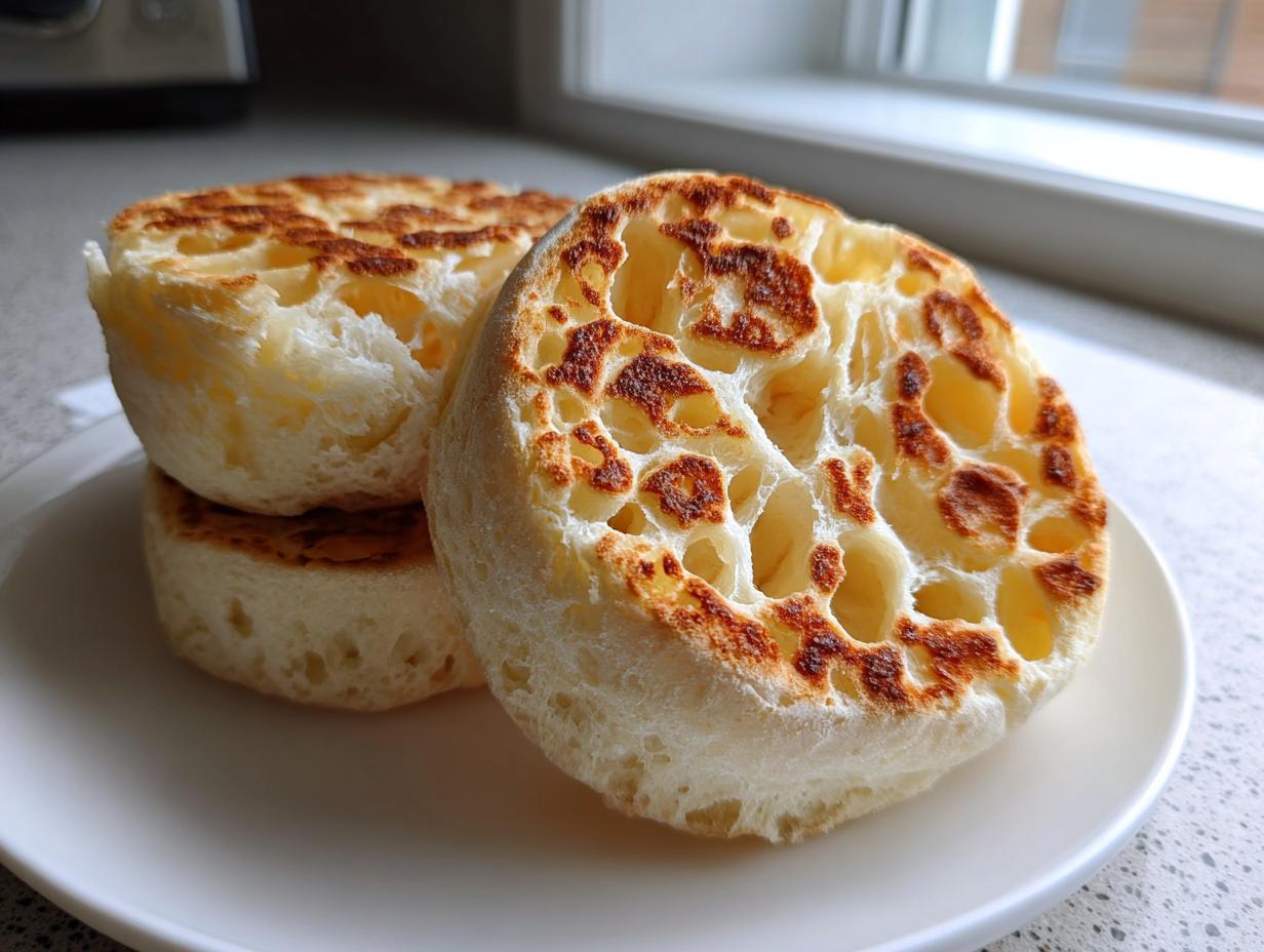 A stack of perfectly cooked homemade English muffins, showing the signature open, airy crumb structure.