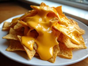 A close-up of tortilla chips generously covered in smooth, bright yellow nacho cheese sauce.