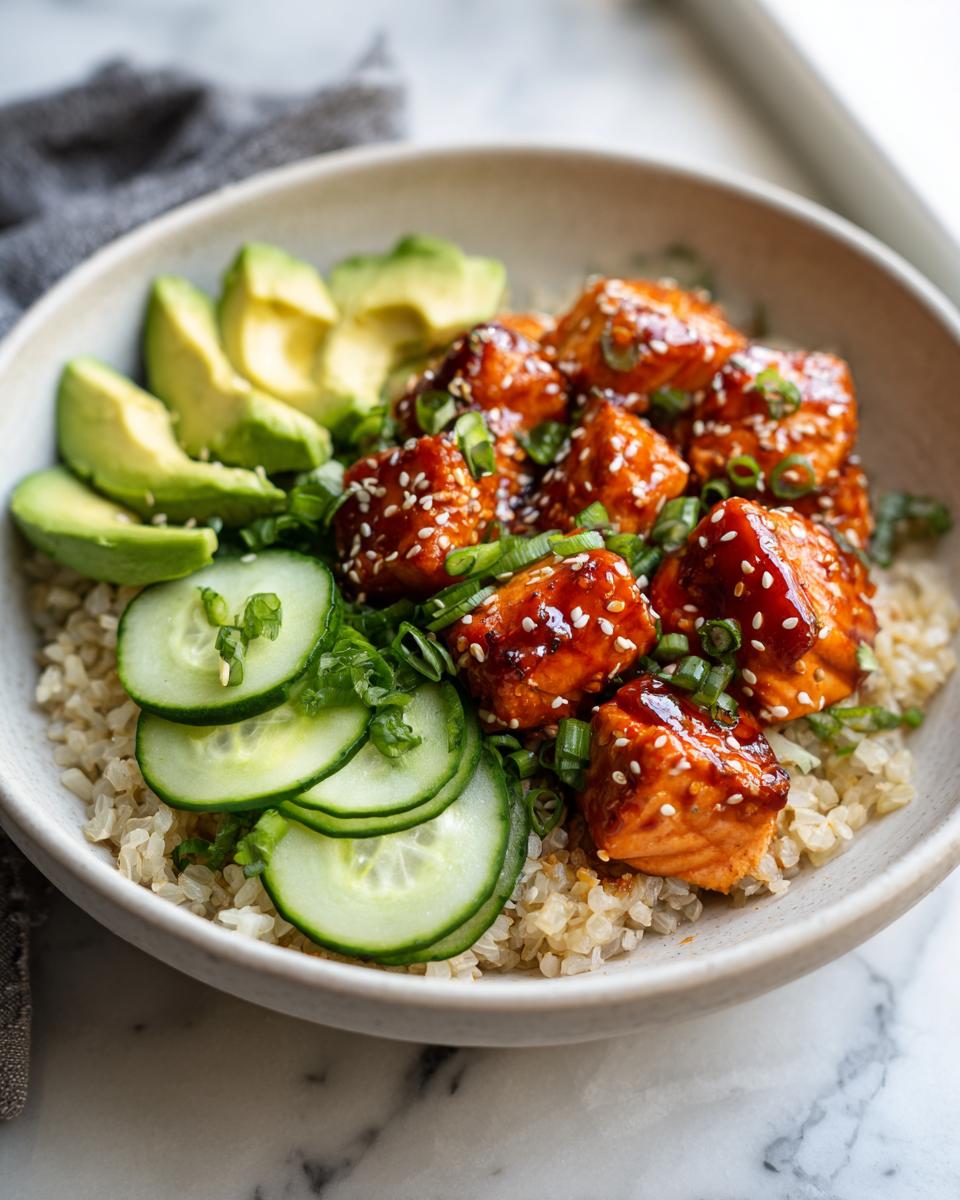 Close-up of Honey Sriracha salmon cubes served over brown rice with sliced avocado and cucumber in a bowl, part of a salmon bowls recipe.