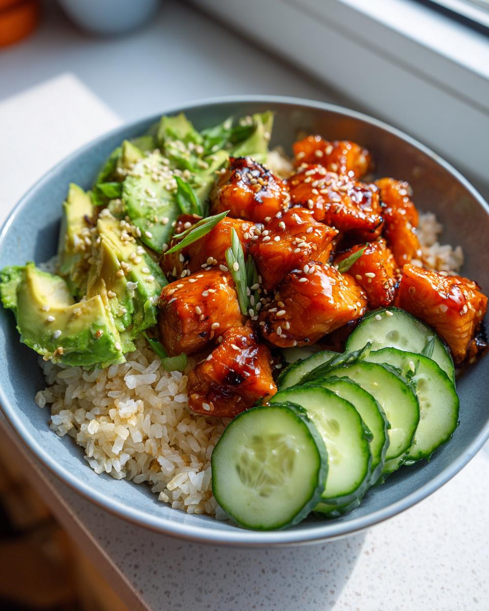Close-up of a bowl featuring glazed salmon cubes, brown rice, avocado slices, and cucumber in a healthy salmon bowls recipe.