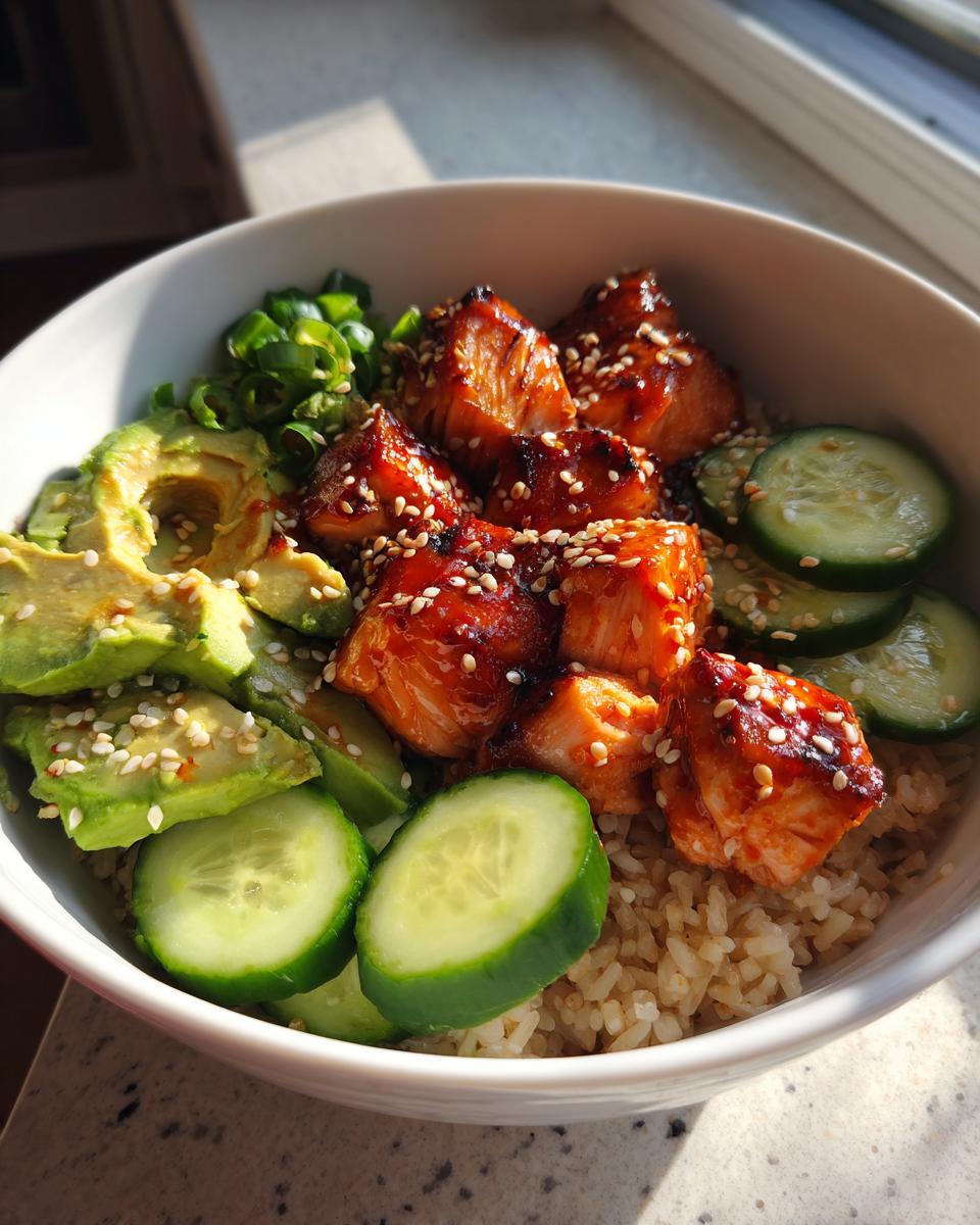 A close-up of delicious salmon bowls featuring glazed salmon chunks, avocado, cucumber, and brown rice.