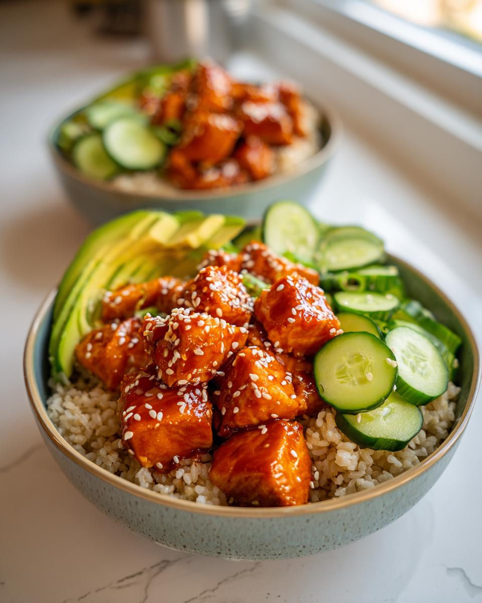 Close-up of a bowl featuring glazed salmon cubes, brown rice, sliced avocado, and cucumbers, part of the salmon bowls recipe.